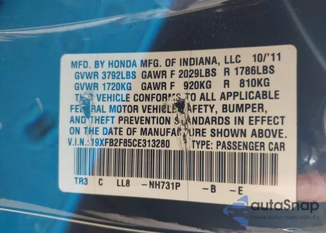 2012 Honda Civic Ex from USA, damaged, VIN 19XFB2F85CE313280